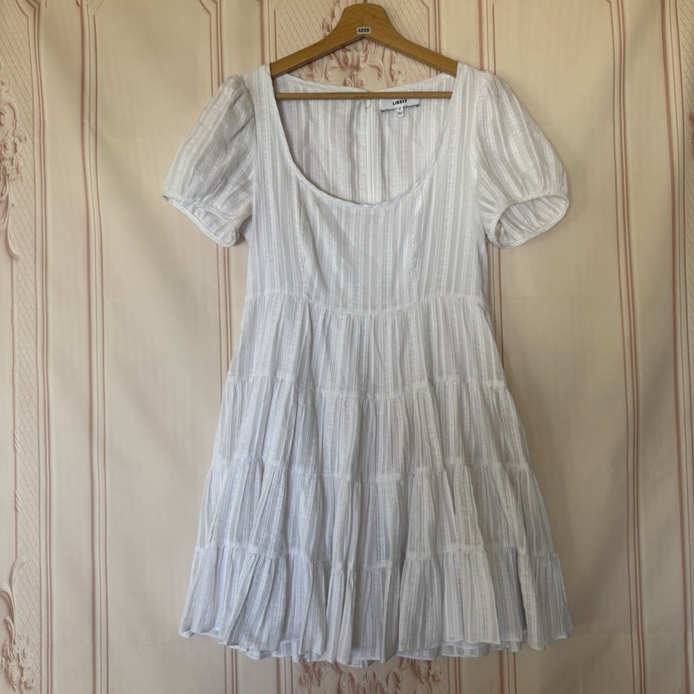 Likely White Chloe Striped Damask Textured Tiered Mini Dress White Size 4 $198